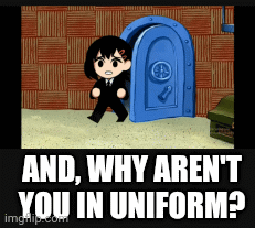 Kobeni's uniform | AND, WHY AREN'T YOU IN UNIFORM? *SAD SPONGEBOB GUITAR PLAYS* | image tagged in gifs | made w/ Imgflip images-to-gif maker