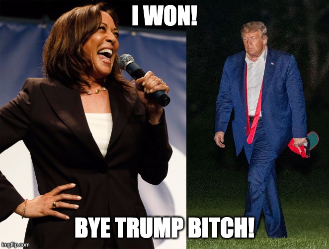 Bye | I WON! BYE TRUMP BITCH! | image tagged in kamala harris vs the loser of tulsa trump | made w/ Imgflip meme maker