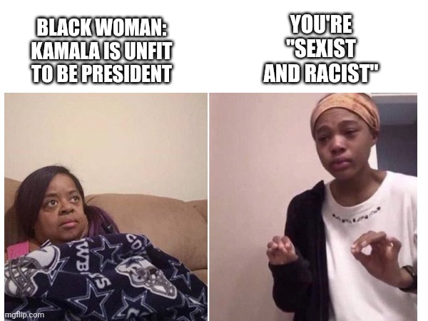 Racist and sexist | YOU'RE "SEXIST AND RACIST"; BLACK WOMAN: KAMALA IS UNFIT TO BE PRESIDENT | made w/ Imgflip meme maker