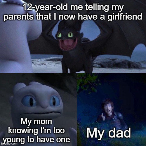 dad doesn't care how old you are, he'll be very happy to find out you're dating a girl | 12-year-old me telling my parents that I now have a girlfriend; My mom knowing I'm too young to have one; My dad | image tagged in night fury,girlfriend,couples,like that's ever gonna happen,too soon,dating | made w/ Imgflip meme maker