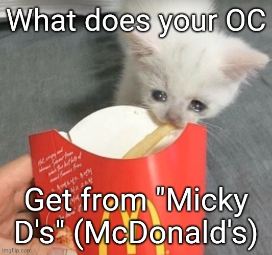 Eggy gets a McChicken, Large Fries, and a coke (and sometimes a strawberry shake) | What does your OC; Get from "Micky D's" (McDonald's) | image tagged in cat stealing mcdonalds fry | made w/ Imgflip meme maker