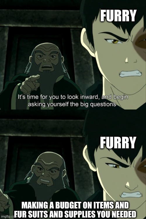 Budget on supplies that needed | FURRY; FURRY; MAKING A BUDGET ON ITEMS AND FUR SUITS AND SUPPLIES YOU NEEDED | image tagged in iroh tells zuko to look inward and ask real questions | made w/ Imgflip meme maker