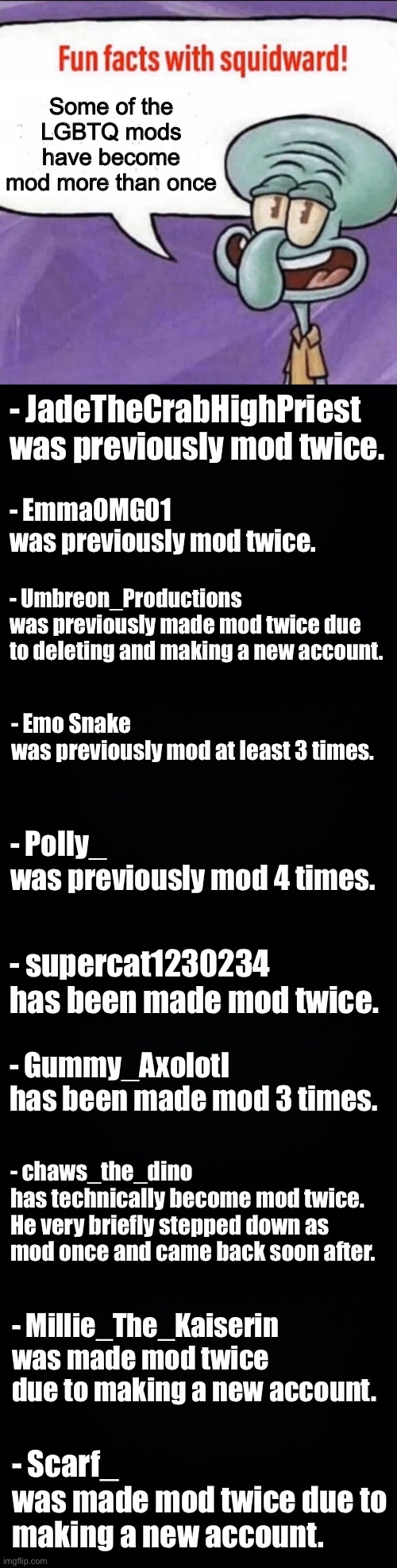 Fun Fact: Some of the LGBTQ mods have become mod more than once | Some of the LGBTQ mods have become mod more than once; - JadeTheCrabHighPriest 
was previously mod twice. - EmmaOMG01 
was previously mod twice. - Umbreon_Productions 
was previously made mod twice due to deleting and making a new account. - Emo Snake 
was previously mod at least 3 times. - Polly_ 
was previously mod 4 times. - supercat1230234 
has been made mod twice. - Gummy_Axolotl 
has been made mod 3 times. - chaws_the_dino 
has technically become mod twice. 
He very briefly stepped down as mod once and came back soon after. - Millie_The_Kaiserin 
was made mod twice due to making a new account. - Scarf_
was made mod twice due to making a new account. | image tagged in fun facts with squidward,fun fact,lgbtq,mods,imgflip mods,trivia | made w/ Imgflip meme maker