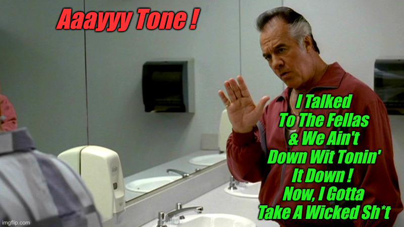 Tonin' It Up, Maybe | Aaayyy Tone ! I Talked To The Fellas & We Ain't Down Wit Tonin' It Down ! 
Now, I Gotta
Take A Wicked Sh*t | image tagged in ay tone,political meme,politics,funny memes,funny,paulie walnuts | made w/ Imgflip meme maker