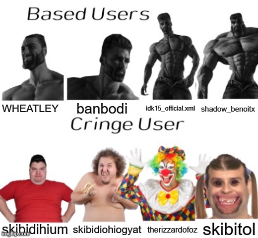 Based users vs cringe user | WHEATLEY banbodi idk15_official.xml shadow_benoitx skibidihium skibidiohiogyat therizzardofoz skibitol | image tagged in based users vs cringe user | made w/ Imgflip meme maker