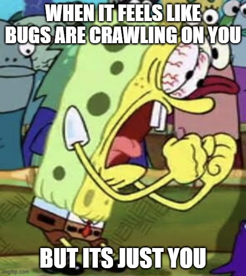 yelling spongebob | WHEN IT FEELS LIKE BUGS ARE CRAWLING ON YOU; BUT ITS JUST YOU | image tagged in yelling spongebob | made w/ Imgflip meme maker