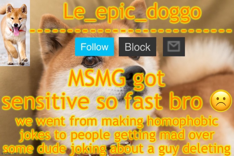 epic doggo's temp back in old fashion | MSMG got sensitive so fast bro ☹️; we went from making homophobic jokes to people getting mad over some dude joking about a guy deleting | image tagged in epic doggo's temp back in old fashion | made w/ Imgflip meme maker