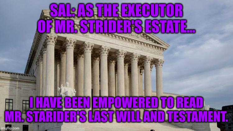 Boot To The Head | SAL: AS THE EXECUTOR OF MR. STRIDER'S ESTATE... I HAVE BEEN EMPOWERED TO READ MR. STARIDER'S LAST WILL AND TESTAMENT. | image tagged in supreme court | made w/ Imgflip meme maker