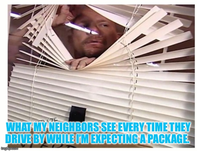 Looking out window | WHAT MY NEIGHBORS SEE EVERY TIME THEY DRIVE BY WHILE I’M EXPECTING A PACKAGE. | image tagged in i was not expecting that,package,amazon,delivery,impatient,waiting | made w/ Imgflip meme maker