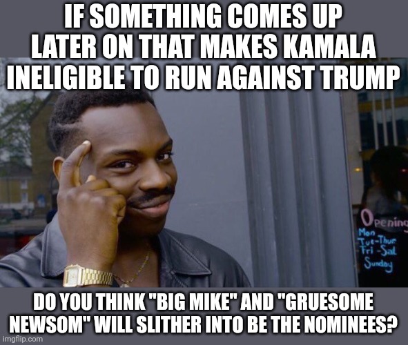 You betcha | IF SOMETHING COMES UP LATER ON THAT MAKES KAMALA INELIGIBLE TO RUN AGAINST TRUMP; DO YOU THINK "BIG MIKE" AND "GRUESOME NEWSOM" WILL SLITHER INTO BE THE NOMINEES? | image tagged in memes,roll safe think about it | made w/ Imgflip meme maker