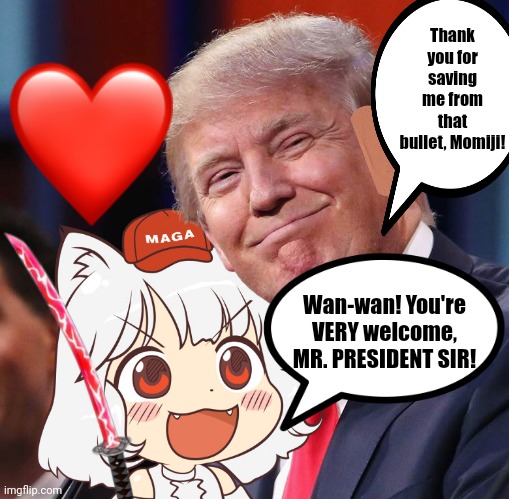 In terms of recent events, WHO saved him??? | Thank you for saving me from that bullet, Momiji! Wan-wan! You're VERY welcome, MR. PRESIDENT SIR! | image tagged in touhou,donald trump,maga,funny,oompa loompa,assassination | made w/ Imgflip meme maker