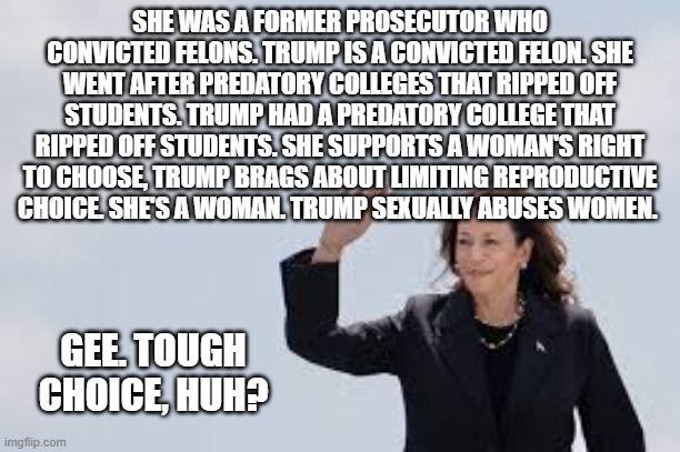 Kamala v Trump Is It Even A Choice? | SHE WAS A FORMER PROSECUTOR WHO CONVICTED FELONS. TRUMP IS A CONVICTED FELON. SHE WENT AFTER PREDATORY COLLEGES THAT RIPPED OFF STUDENTS. TRUMP HAD A PREDATORY COLLEGE THAT RIPPED OFF STUDENTS. SHE SUPPORTS A WOMAN'S RIGHT TO CHOOSE, TRUMP BRAGS ABOUT LIMITING REPRODUCTIVE CHOICE. SHE'S A WOMAN. TRUMP SEXUALLY ABUSES WOMEN. GEE. TOUGH CHOICE, HUH? | image tagged in kamala harris,donald trump,2024,president,joe biden | made w/ Imgflip meme maker