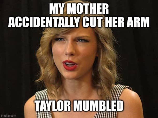 Taylor Swiftie | MY MOTHER ACCIDENTALLY CUT HER ARM TAYLOR MUMBLED | image tagged in taylor swiftie | made w/ Imgflip meme maker