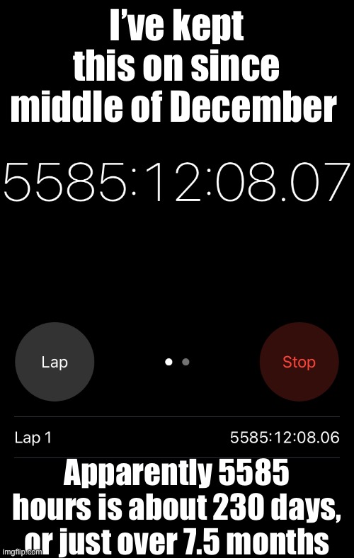 I’ve kept this on since middle of December; Apparently 5585 hours is about 230 days, or just over 7.5 months | made w/ Imgflip meme maker
