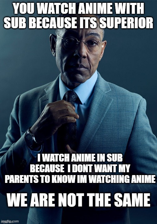 We are not the same | YOU WATCH ANIME WITH SUB BECAUSE ITS SUPERIOR; I WATCH ANIME IN SUB BECAUSE  I DONT WANT MY PARENTS TO KNOW IM WATCHING ANIME | image tagged in we are not the same | made w/ Imgflip meme maker