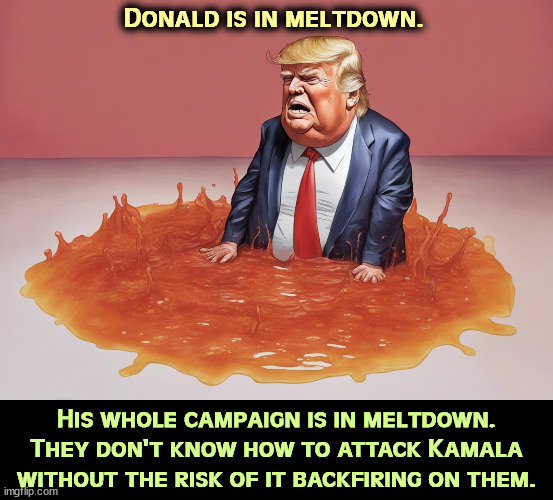 Sexism and racism may play well with the base, but DonOld needs women and minorities, too, or he's just a puddle on the floor. | Donald is in meltdown. His whole campaign is in meltdown. They don't know how to attack Kamala without the risk of it backfiring on them. | image tagged in trump,meltdown,anger,hatred,sexist,racist | made w/ Imgflip meme maker