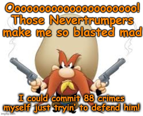 Rage at Nevertrumpers | Ooooooooooooooooooooo! Those Nevertrumpers make me so blasted mad; I could commit 88 crimes myself just tryin’ to defend him! | image tagged in nevertrump,donald trump the clown,trump,maga,nevertrump meme,basket of deplorables | made w/ Imgflip meme maker