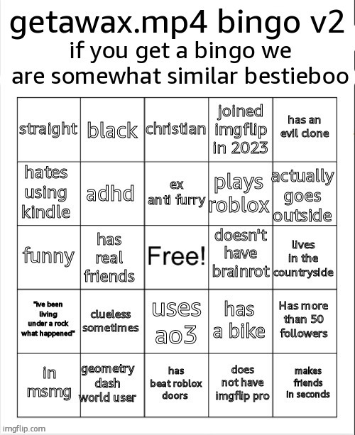 new bingo have fun | image tagged in getawax mp4 bingo v2 | made w/ Imgflip meme maker