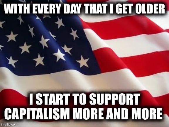 Flag | WITH EVERY DAY THAT I GET OLDER; I START TO SUPPORT CAPITALISM MORE AND MORE | image tagged in flag | made w/ Imgflip meme maker