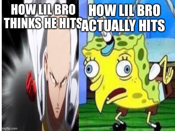 Lil bro think’s he’s the main character | HOW LIL BRO ACTUALLY HITS; HOW LIL BRO THINKS HE HITS | image tagged in one punch man,mocking spongebob,siblings | made w/ Imgflip meme maker