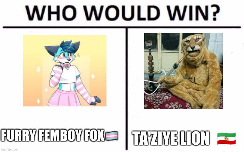 Ta'ziye lion????????️‍⚧️ | FURRY FEMBOY FOX🏳️‍⚧️; TA'ZIYE LION | image tagged in memes,who would win,iran,persian,furry,anti furry | made w/ Imgflip meme maker
