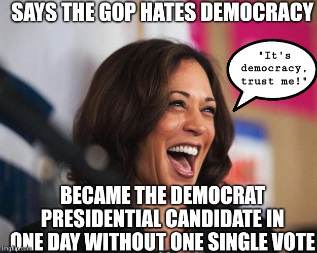 Whether your are a Democrat or Republican, your dislike of Trump is NO EXCUSE to allow pure tyranny in front of your eyes! | SAYS THE GOP HATES DEMOCRACY; "It's democracy, trust me!"; BECAME THE DEMOCRAT PRESIDENTIAL CANDIDATE IN ONE DAY WITHOUT ONE SINGLE VOTE | image tagged in cackling kamala harris,tyranny,dangerous,liberal media,liberal logic,cheating | made w/ Imgflip meme maker