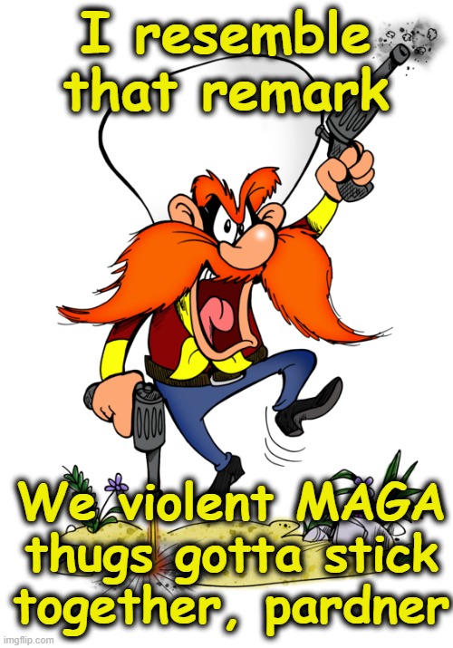 I resemble that remark We violent MAGA thugs gotta stick together, pardner | made w/ Imgflip meme maker