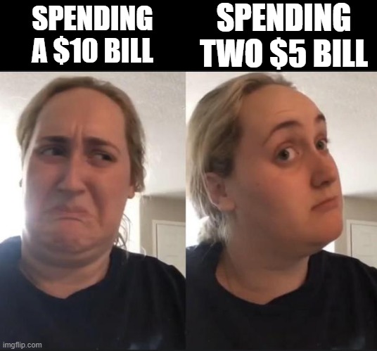 Money | SPENDING TWO $5 BILL; SPENDING A $10 BILL | image tagged in maybe nah ooooh sure,money | made w/ Imgflip meme maker