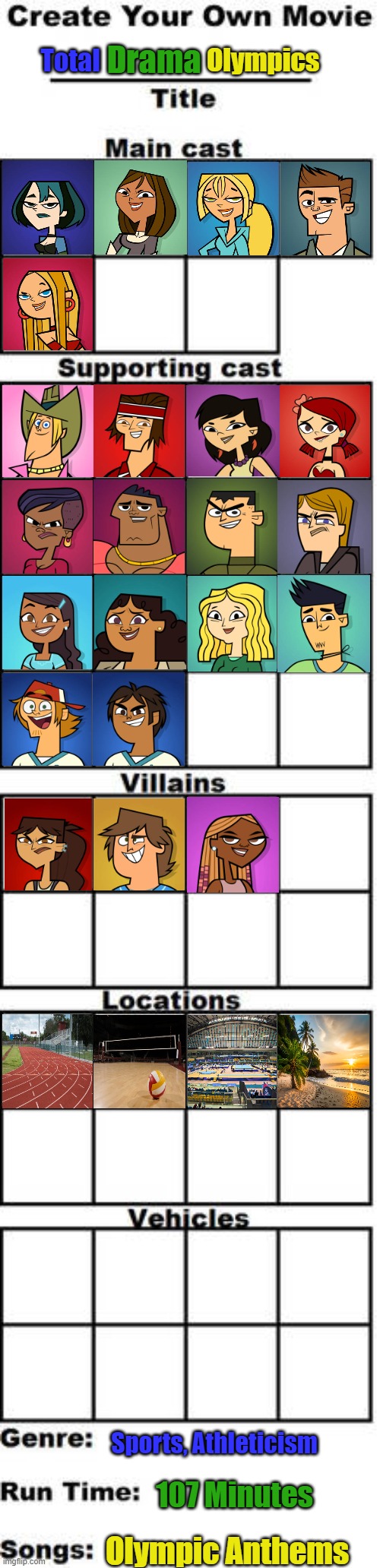 Total Drama Olympics | Drama; Olympics; Total; Sports, Athleticism; 107 Minutes; Olympic Anthems | image tagged in create your own movie meme template,total drama,olympics | made w/ Imgflip meme maker