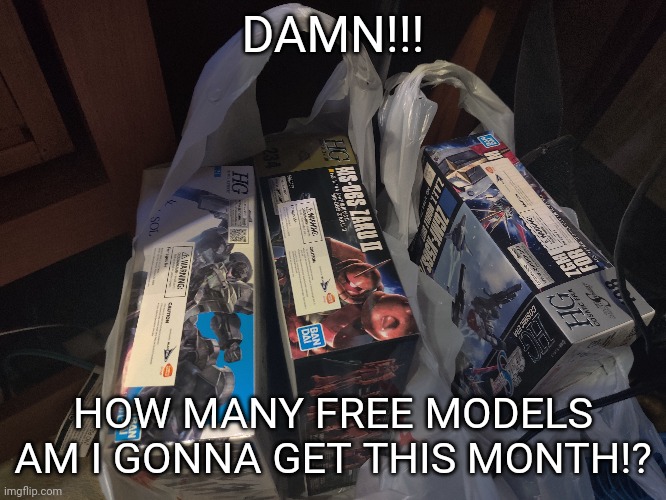 Mom came home with some surprise models (middle one I'm gonna customize) | DAMN!!! HOW MANY FREE MODELS AM I GONNA GET THIS MONTH!? | made w/ Imgflip meme maker