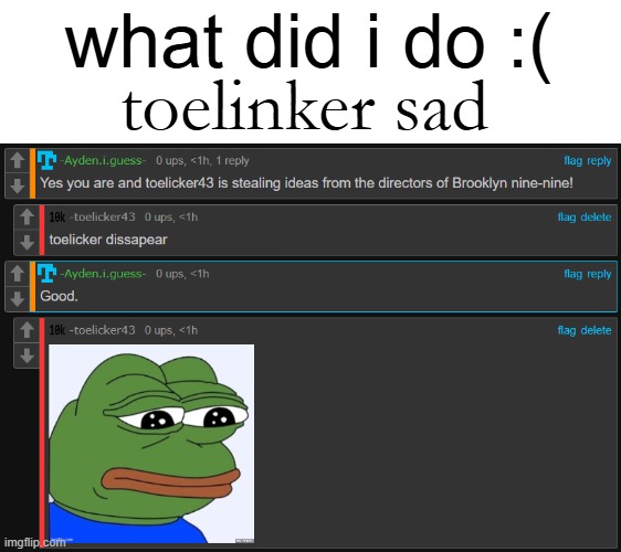 what did i do :(; toelinker sad | made w/ Imgflip meme maker