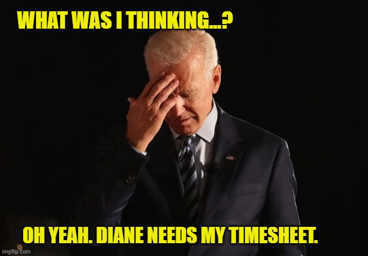 Joever timesheet reminder | WHAT WAS I THINKING...? OH YEAH. DIANE NEEDS MY TIMESHEET. | image tagged in joe timesheet reminder,timesheet meme,timesheet reminder,memes | made w/ Imgflip meme maker