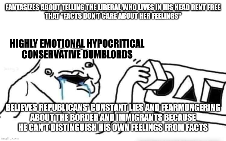 Conservatives' "alternative facts" aren't facts at all, but just their feelings. | FANTASIZES ABOUT TELLING THE LIBERAL WHO LIVES IN HIS HEAD RENT FREE
THAT "FACTS DON'T CARE ABOUT HER FEELINGS"; HIGHLY EMOTIONAL HYPOCRITICAL CONSERVATIVE DUMBLORDS; BELIEVES REPUBLICANS' CONSTANT LIES AND FEARMONGERING
ABOUT THE BORDER AND IMMIGRANTS BECAUSE
HE CAN'T DISTINGUISH HIS OWN FEELINGS FROM FACTS | image tagged in stupid dumb drooling puzzle,alternative facts,feelings,conservative logic,conservative hypocrisy,media lies | made w/ Imgflip meme maker