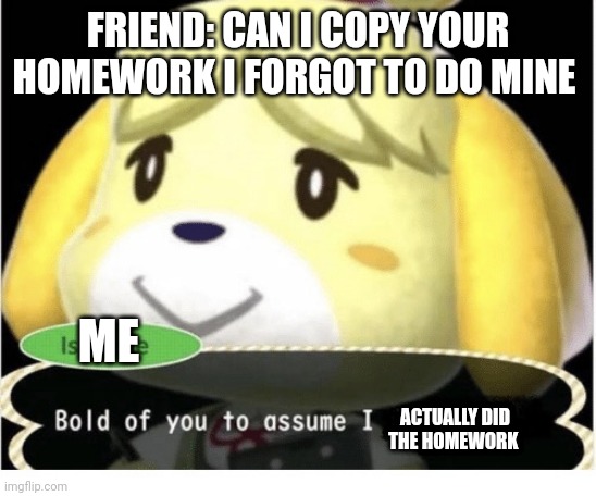 Bold of You to Assume | FRIEND: CAN I COPY YOUR HOMEWORK I FORGOT TO DO MINE; ME; ACTUALLY DID THE HOMEWORK | image tagged in bold of you to assume | made w/ Imgflip meme maker