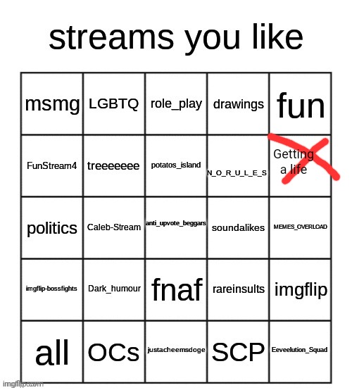 streams you like bingo | Getting a life | image tagged in streams you like bingo | made w/ Imgflip meme maker