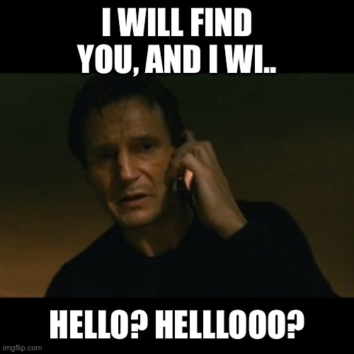Liam Neeson Taken Meme | I WILL FIND YOU, AND I WI.. HELLO? HELLLOOO? | image tagged in memes,liam neeson taken | made w/ Imgflip meme maker
