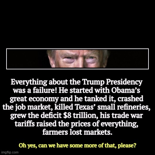 Everything about the Trump Presidency 
was a failure! He started with Obama’s 

great economy and he tanked it, crashed 
the job market, kil | image tagged in funny,demotivationals,trump,inflation,tariffs,unemployment | made w/ Imgflip demotivational maker