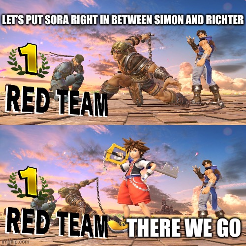 Put sora in there | LET’S PUT SORA RIGHT IN BETWEEN SIMON AND RICHTER; THERE WE GO | image tagged in super smash bros,smash bros,sora,kingdom hearts | made w/ Imgflip meme maker