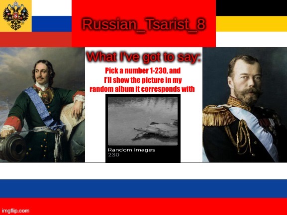 Russian_Tsarist_8 announcement temp | Pick a number 1-230, and I’ll show the picture in my random album it corresponds with | image tagged in russian_tsarist_8 announcement temp | made w/ Imgflip meme maker