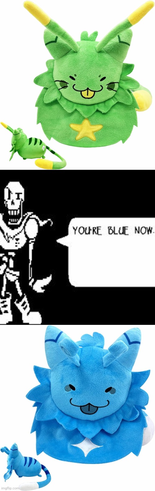 He's blue now. | image tagged in regretevator,gnarpy,papyrus,undertale,blue,alien | made w/ Imgflip meme maker