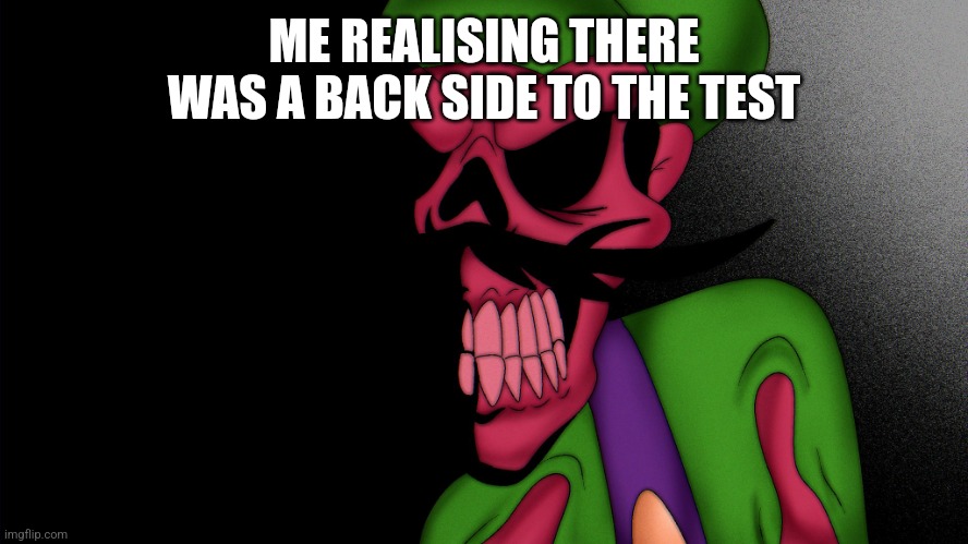 IHY Luigi has seen some shit | ME REALISING THERE WAS A BACK SIDE TO THE TEST | image tagged in ihy luigi has seen some shit | made w/ Imgflip meme maker