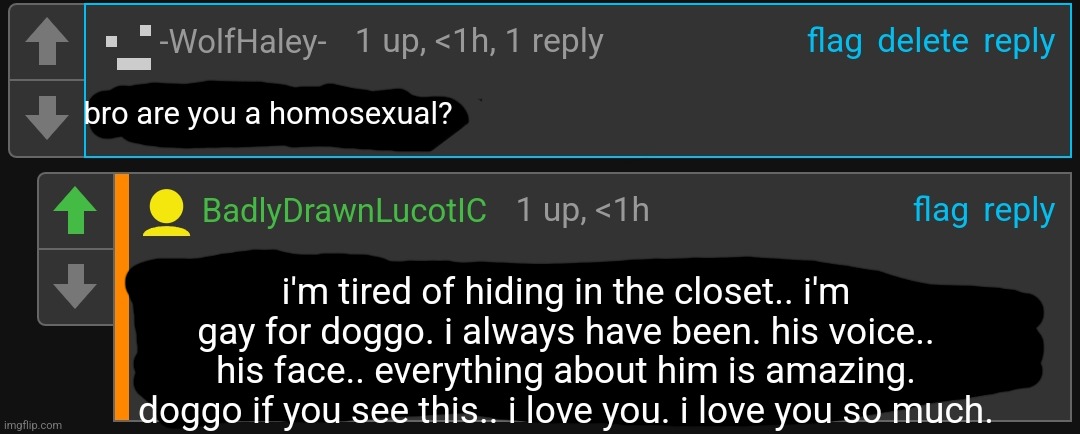 luco exposed | bro are you a homosexual? i'm tired of hiding in the closet.. i'm gay for doggo. i always have been. his voice.. his face.. everything about him is amazing. doggo if you see this.. i love you. i love you so much. | made w/ Imgflip meme maker