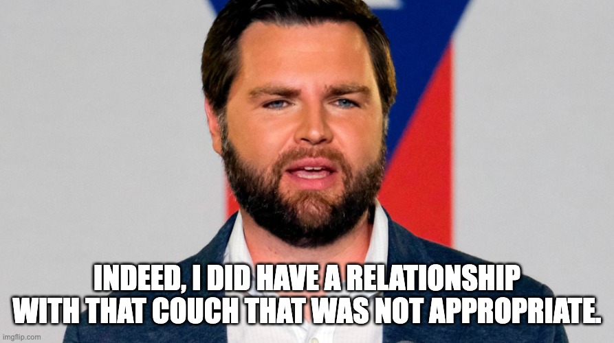 jd vance | INDEED, I DID HAVE A RELATIONSHIP WITH THAT COUCH THAT WAS NOT APPROPRIATE. | image tagged in jd vance | made w/ Imgflip meme maker