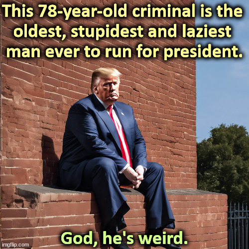 And getting more senile every day. | This 78-year-old criminal is the 
oldest, stupidest and laziest 
man ever to run for president. God, he's weird. | image tagged in trump,old,stupid,lazy,weird,senile | made w/ Imgflip meme maker