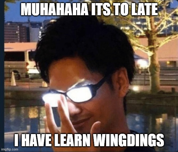 Dinger | MUHAHAHA ITS TO LATE; I HAVE LEARN WINGDINGS | image tagged in anime glasses,funny | made w/ Imgflip meme maker