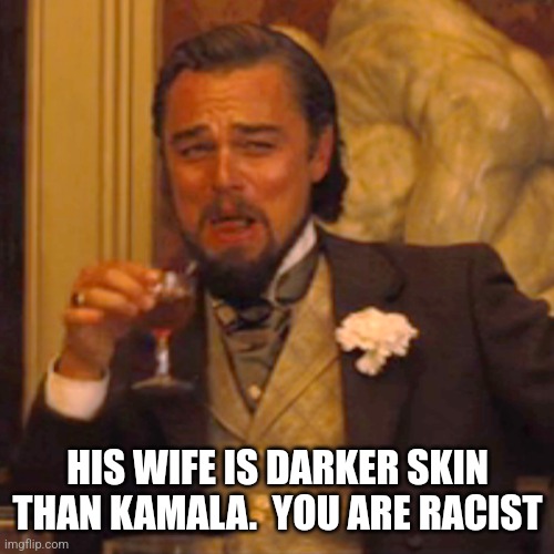 HIS WIFE IS DARKER SKIN THAN KAMALA.  YOU ARE RACIST | image tagged in memes,laughing leo | made w/ Imgflip meme maker
