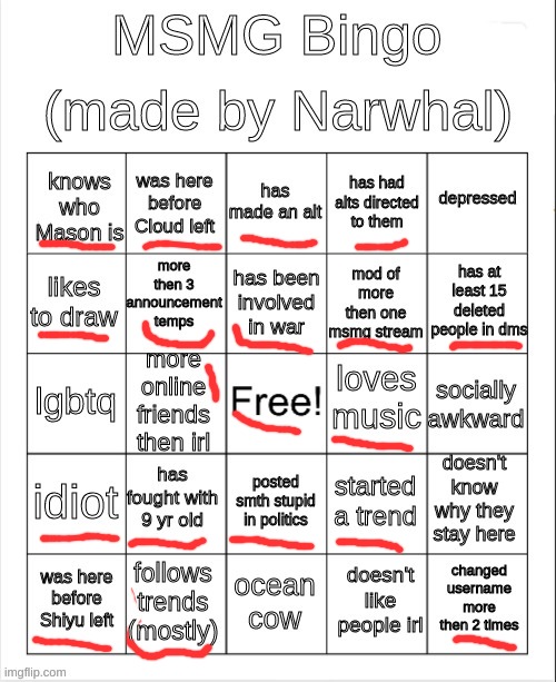 msmg bingo | image tagged in msmg bingo | made w/ Imgflip meme maker