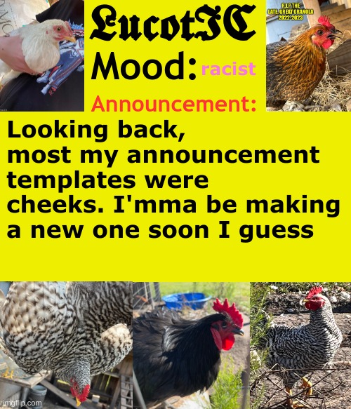 LucotIC's Cocks announcement template | racist; Looking back, most my announcement templates were cheeks. I'mma be making a new one soon I guess | image tagged in lucotic's cocks announcement template | made w/ Imgflip meme maker