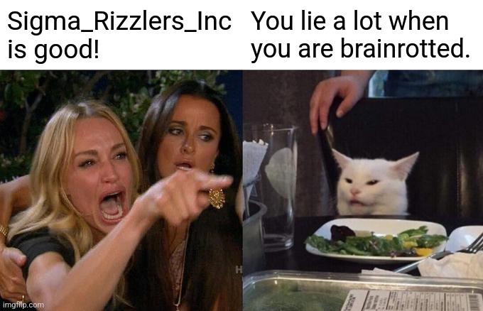 Woman Yelling At Cat | Sigma_Rizzlers_Inc is good! You lie a lot when you are brainrotted. | image tagged in memes,woman yelling at cat | made w/ Imgflip meme maker