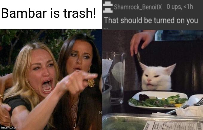 Woman Yelling At Cat Meme | Bambar is trash! | image tagged in memes,woman yelling at cat | made w/ Imgflip meme maker